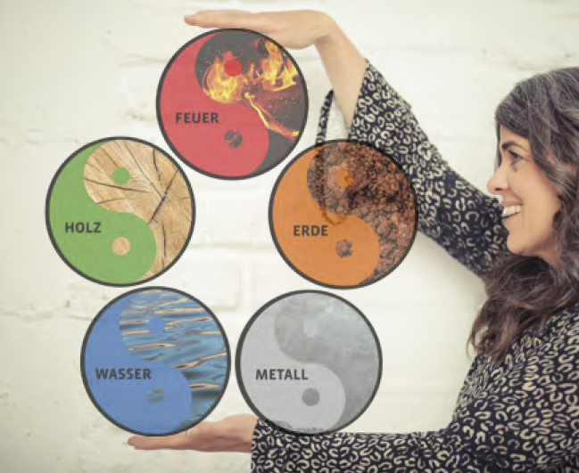 Fotoillustration: Birgit Scholl hält 5-Elemente-Kreise in Händen