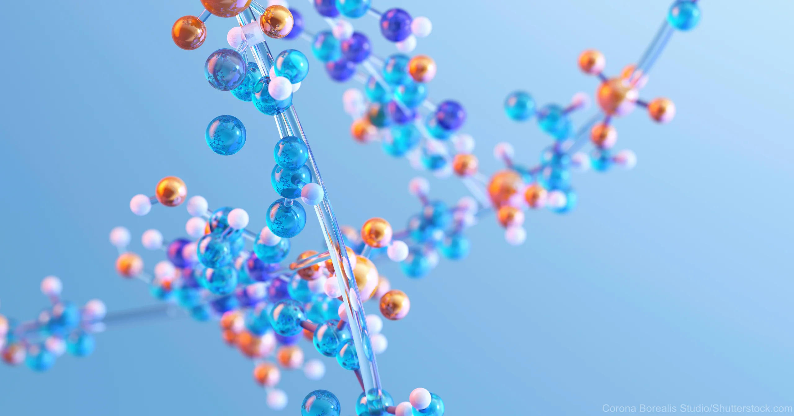 Visualisierung einer molekularen Struktur mit farbigen Kugeln, die Aminosäuren oder eine DNA-Doppelhelix darstellen, vor einem blauen Hintergrund